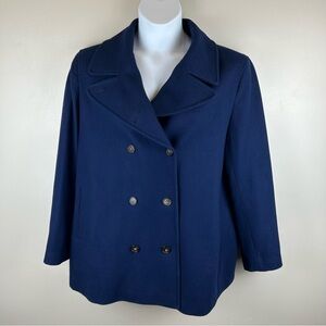 Lands‎ End Pea Coat Womens 18 Navy Blue Wool Viscose Double Breasted Classic